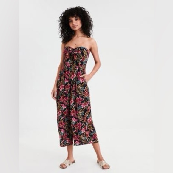 EUC AE Floral Tropical Capri Wide Leg Jumpsuit Removable Straps Size Small - Picture 2 of 16